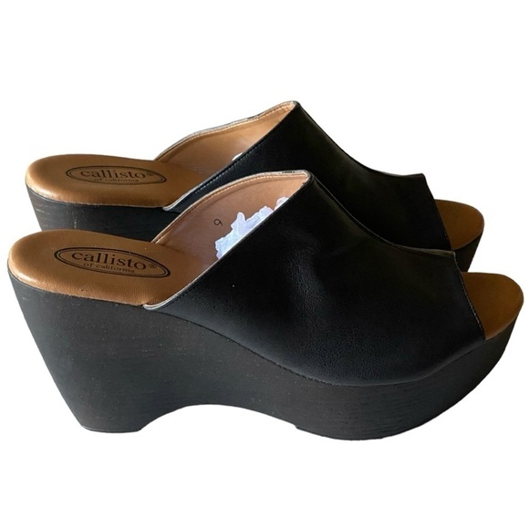 CALLISTO Black Leather Wooden Wedge Mules Clogs Open Toe Gothic Size 9 Gothic - Picture 3 of 13